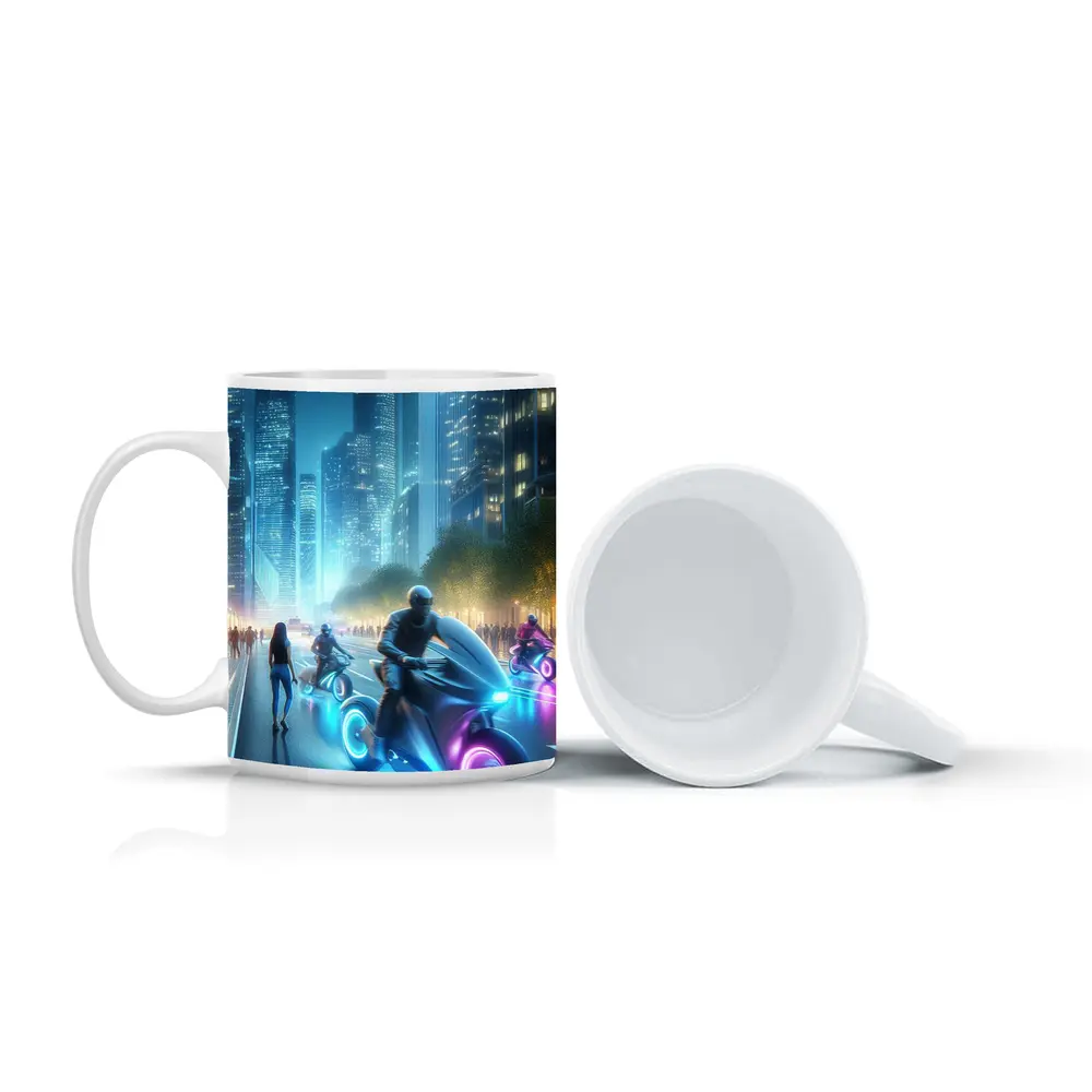 Futuristic Neon Motorcycles Glowing City Night – Mugs