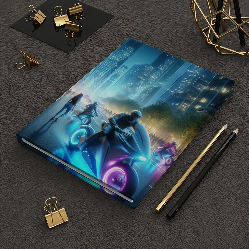 Futuristic Neon Motorcycles Glowing City Night – Notebooks