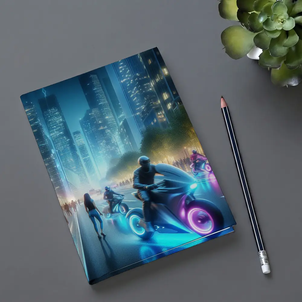 Futuristic Neon Motorcycles Glowing City Night – Notebooks