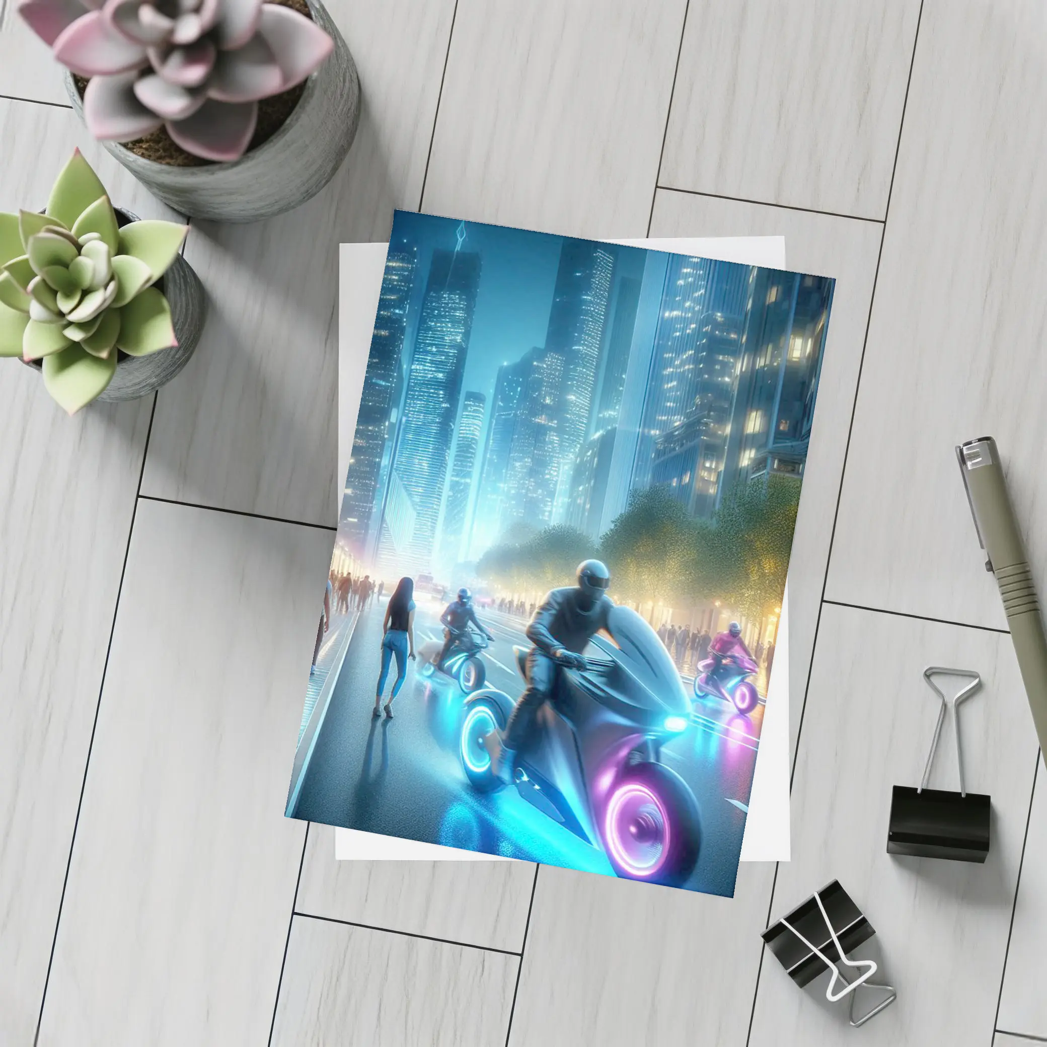 Futuristic Neon Motorcycles Glowing City Night – Postcards