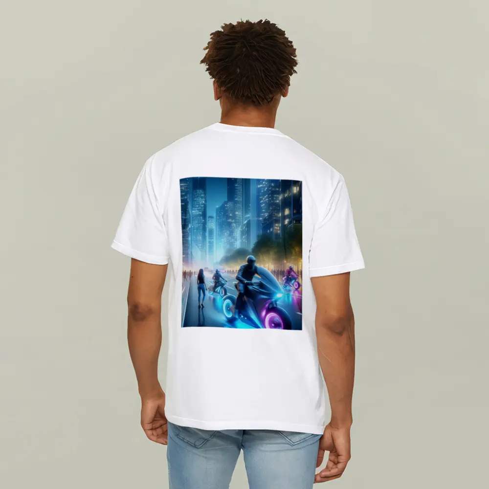 Futuristic Neon Motorcycles Glowing City Night – T-Shirts
