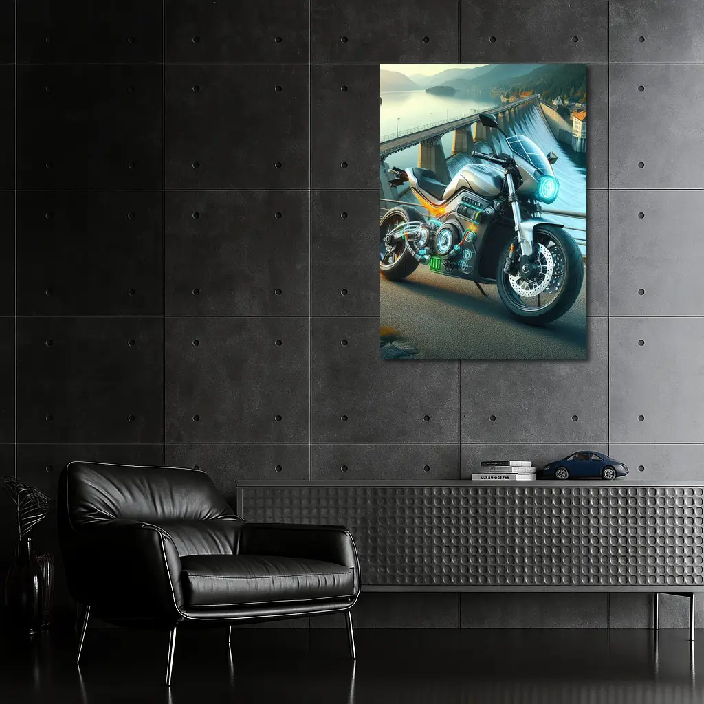 Electric Motorcycle Glowing Details Dam Background – Wall Art