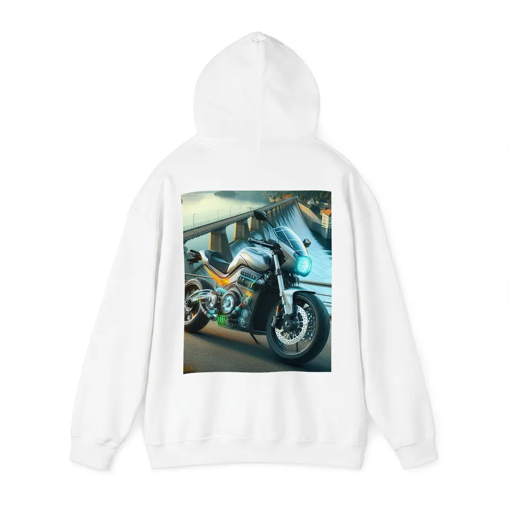 Electric Motorcycle Glowing Details Dam Background – Hoodies