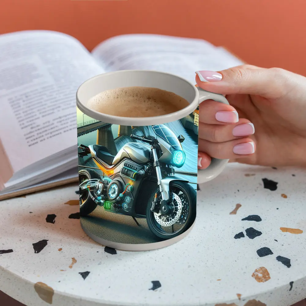 Electric Motorcycle Glowing Details Dam Background – Mugs