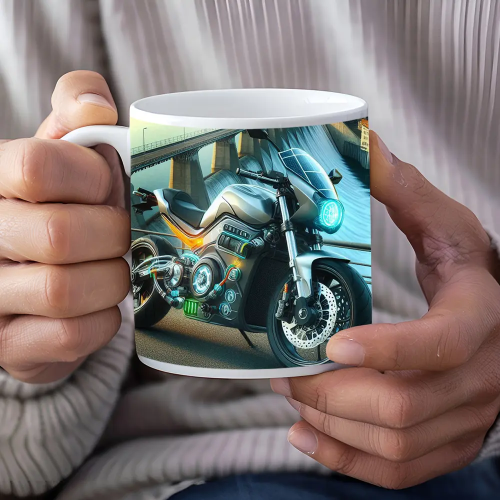 Electric Motorcycle Glowing Details Dam Background – Mugs