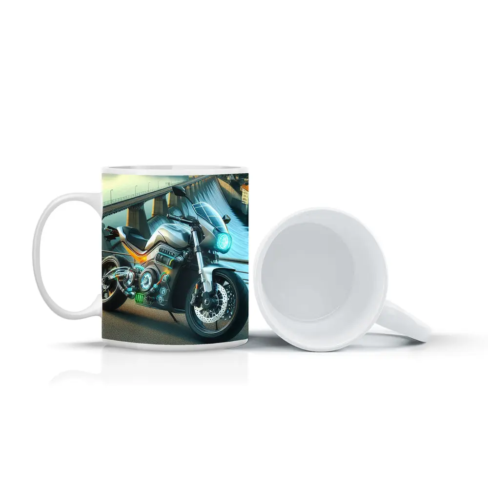 Electric Motorcycle Glowing Details Dam Background – Mugs