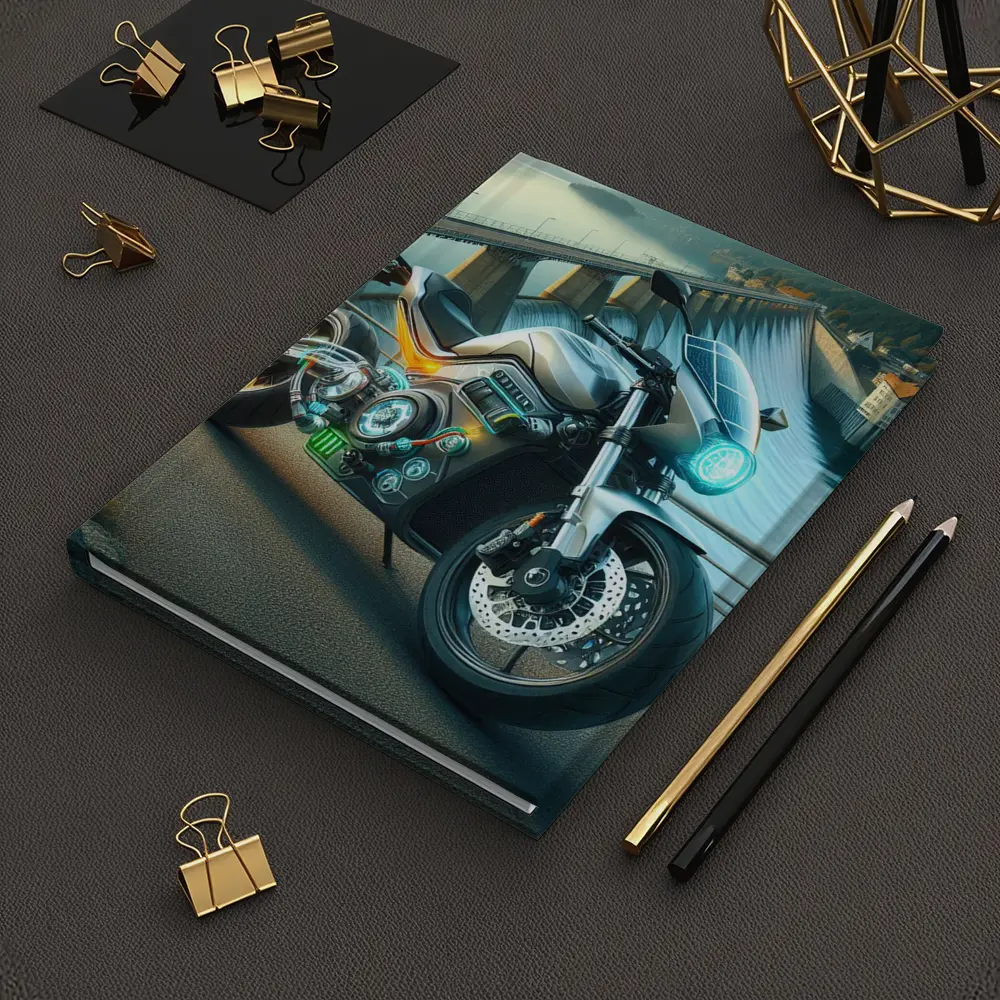 Electric Motorcycle Glowing Details Dam Background – Notebooks