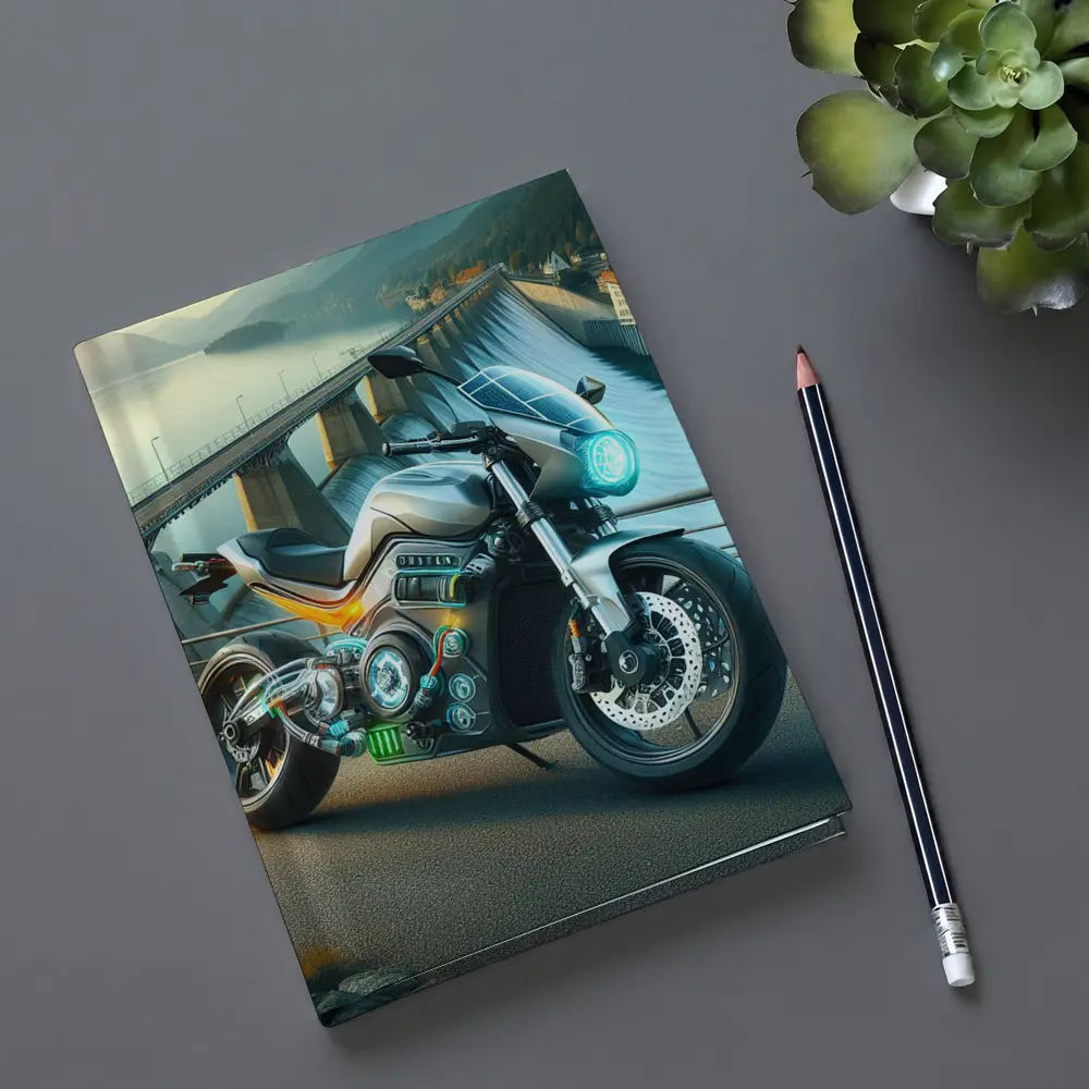 Electric Motorcycle Glowing Details Dam Background – Notebooks