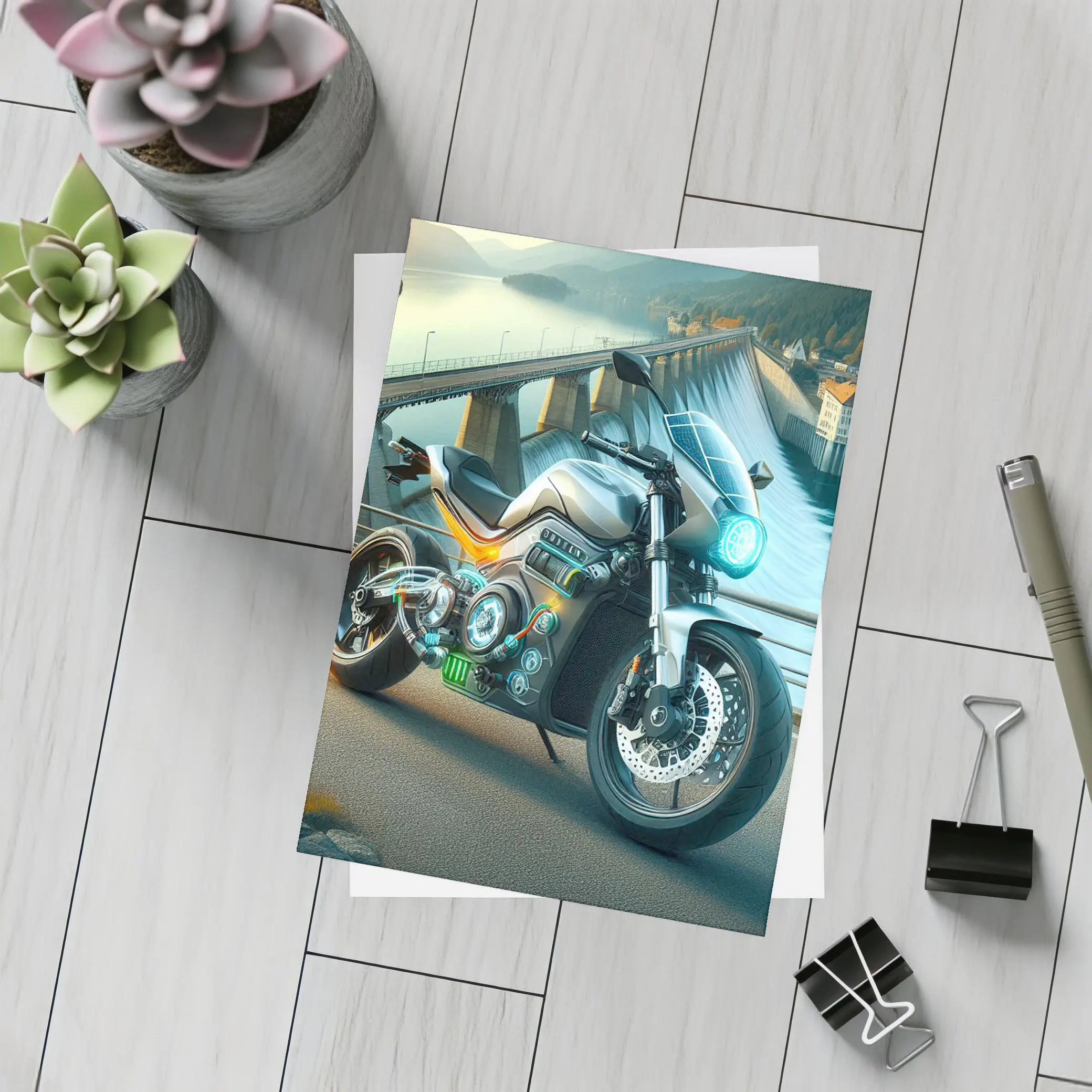 Electric Motorcycle Glowing Details Dam Background – Postcards