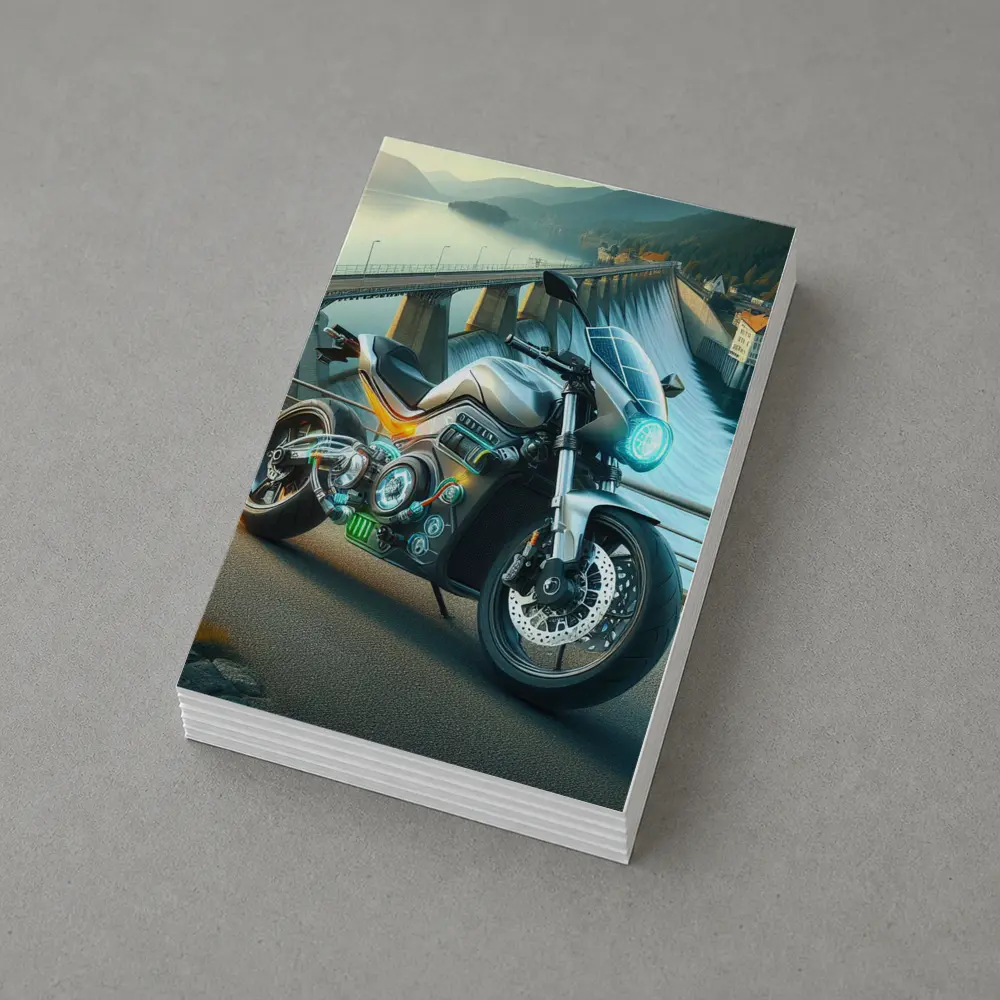 Electric Motorcycle Glowing Details Dam Background – Postcards
