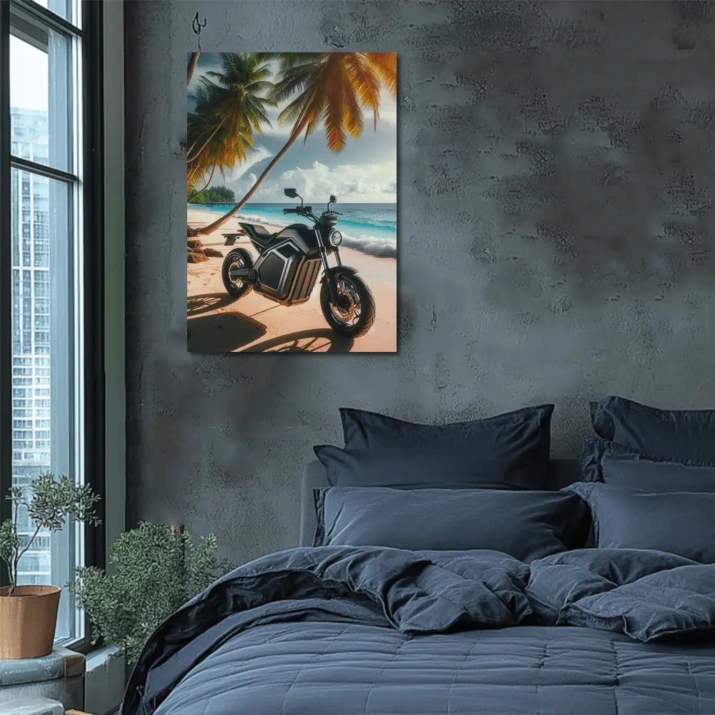 Electric Motorcycle Parked on Tropical Beach – Wall Art
