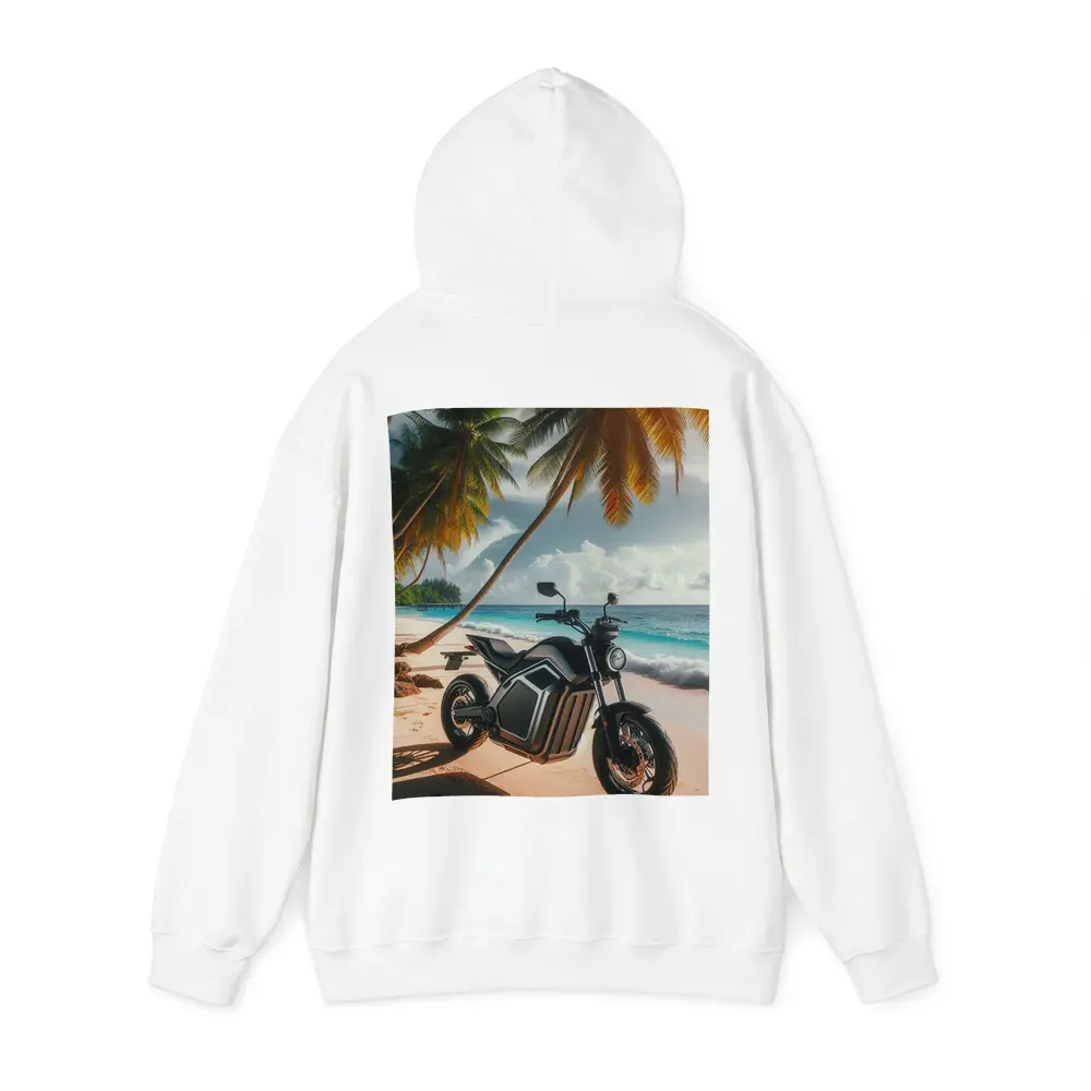 Electric Motorcycle Parked on Tropical Beach – Hoodies