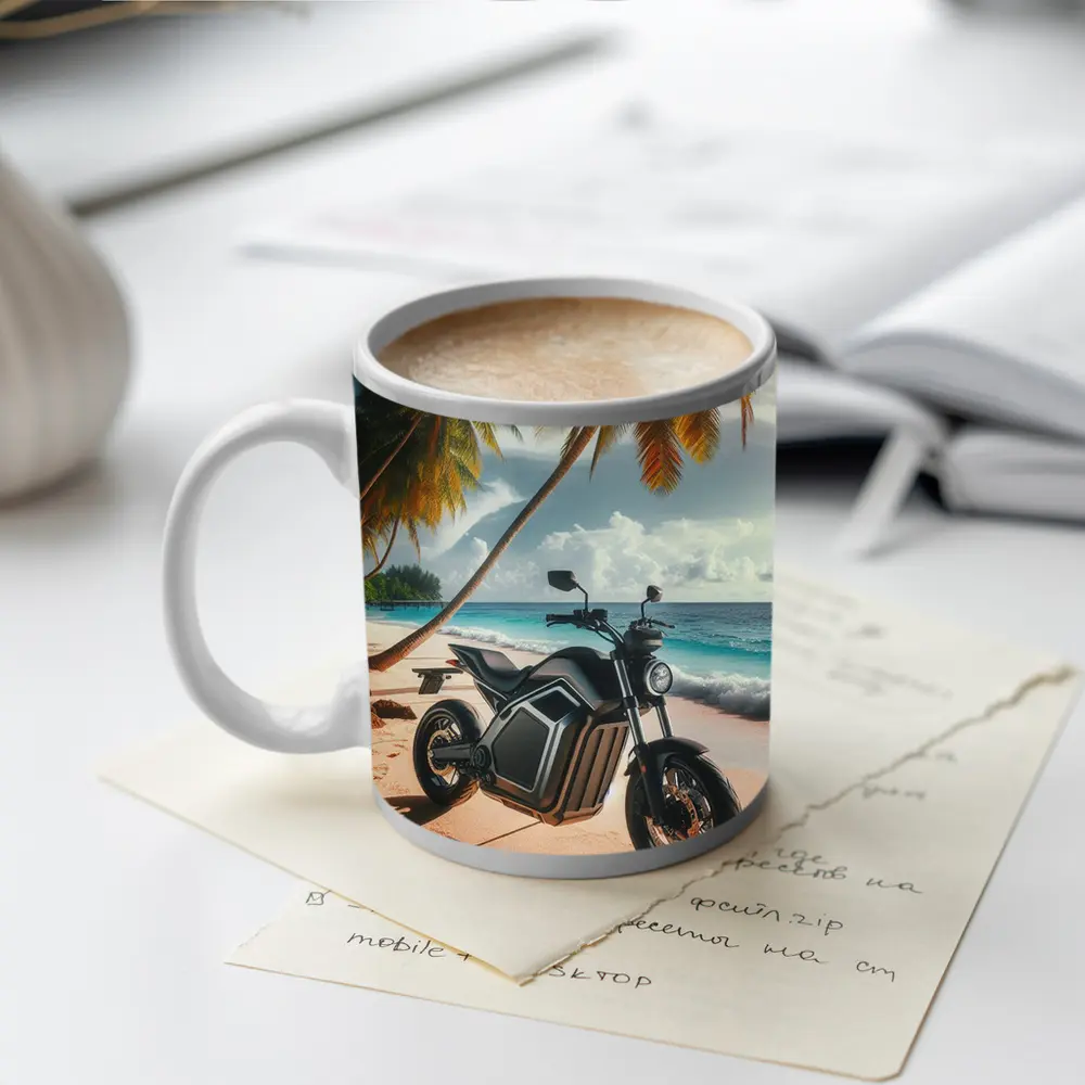 Electric Motorcycle Parked on Tropical Beach – Mugs