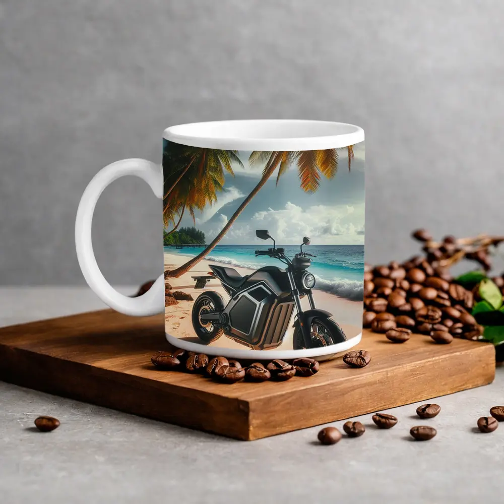 Electric Motorcycle Parked on Tropical Beach – Mugs