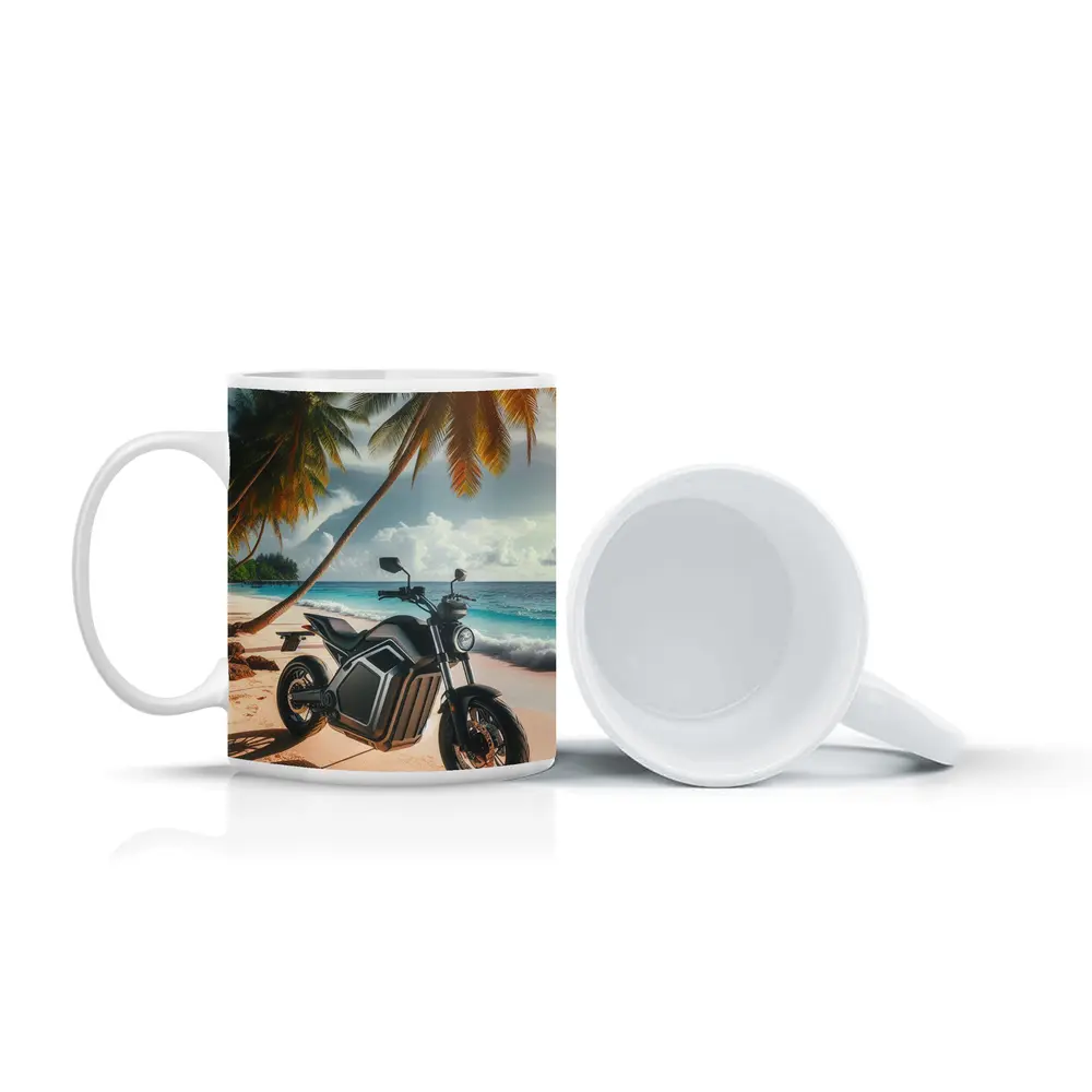 Electric Motorcycle Parked on Tropical Beach – Mugs