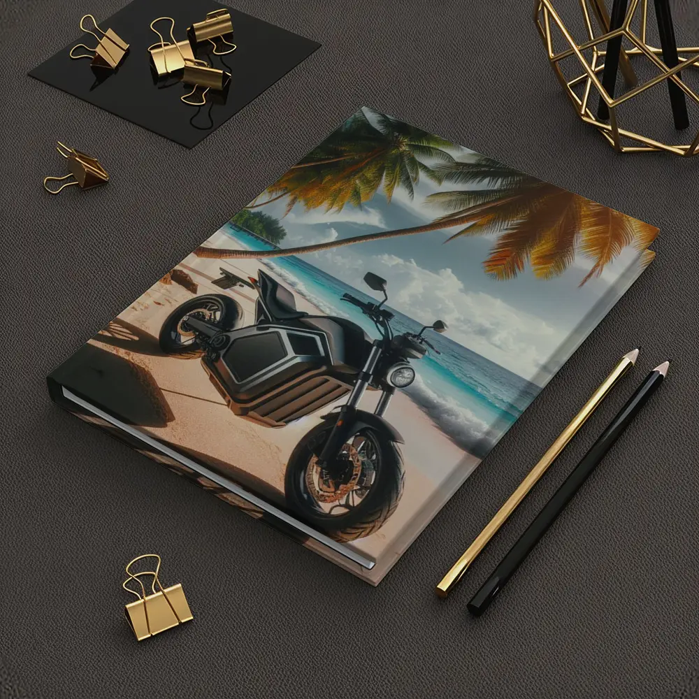 Electric Motorcycle Parked on Tropical Beach – Notebooks