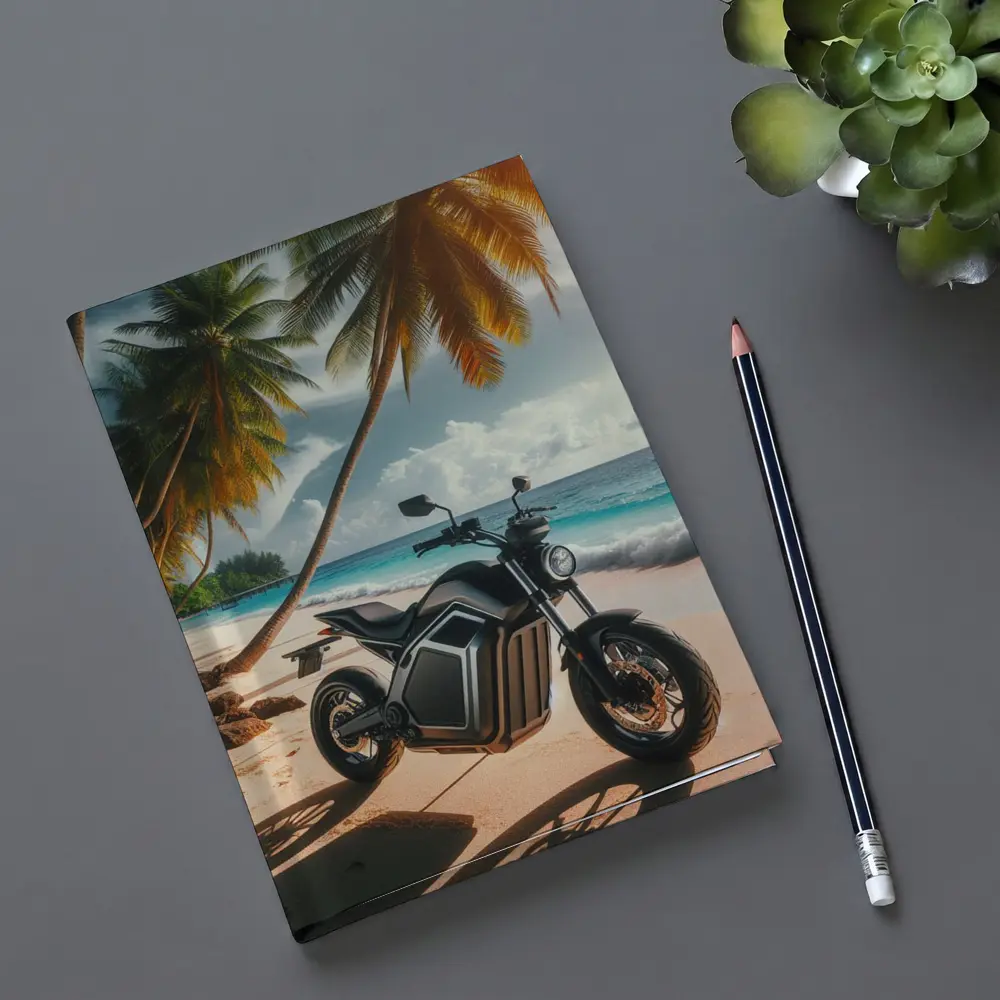 Electric Motorcycle Parked on Tropical Beach – Notebooks