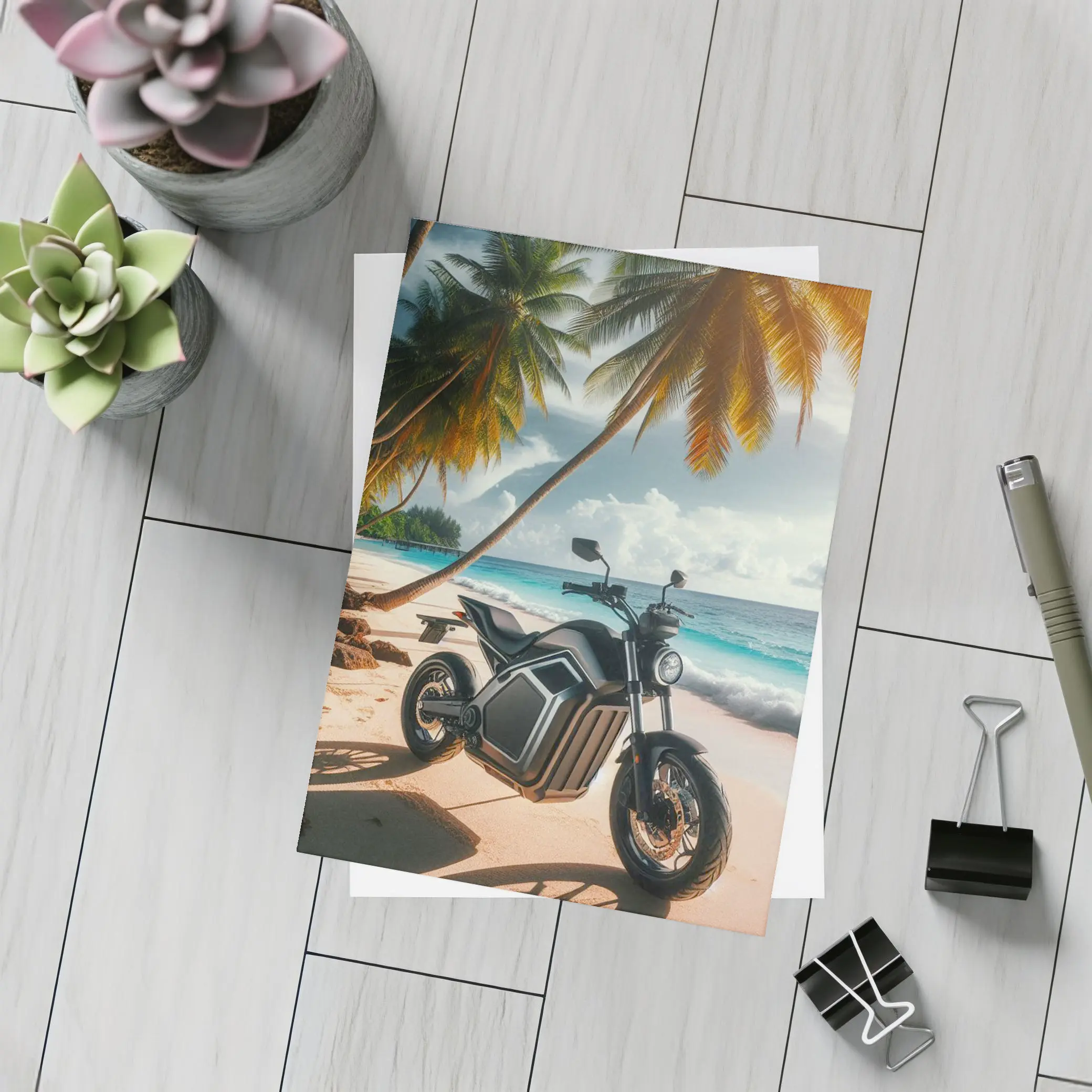 Electric Motorcycle Parked on Tropical Beach – Postcards