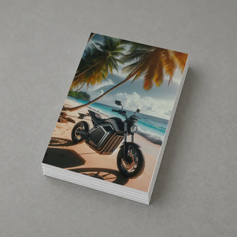 Electric Motorcycle Parked on Tropical Beach – Postcards