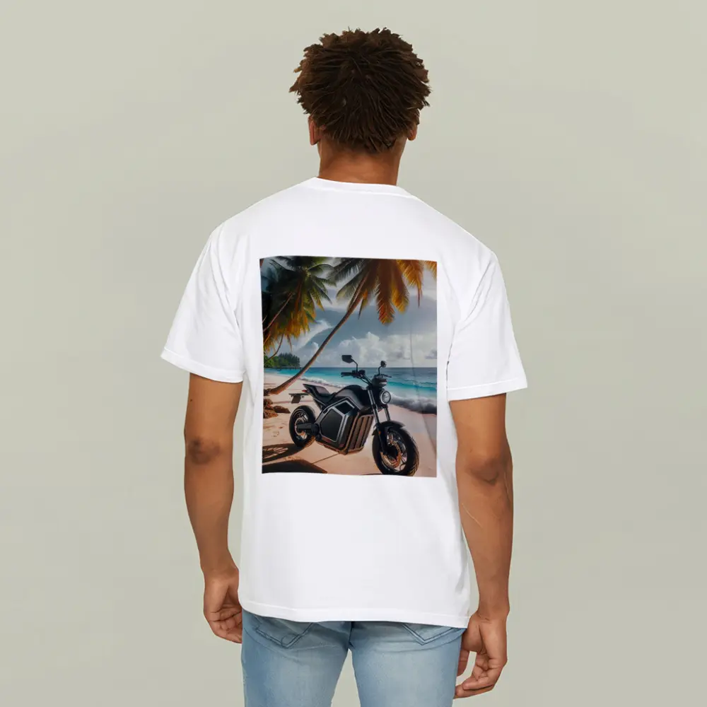 Electric Motorcycle Parked on Tropical Beach – T-Shirts