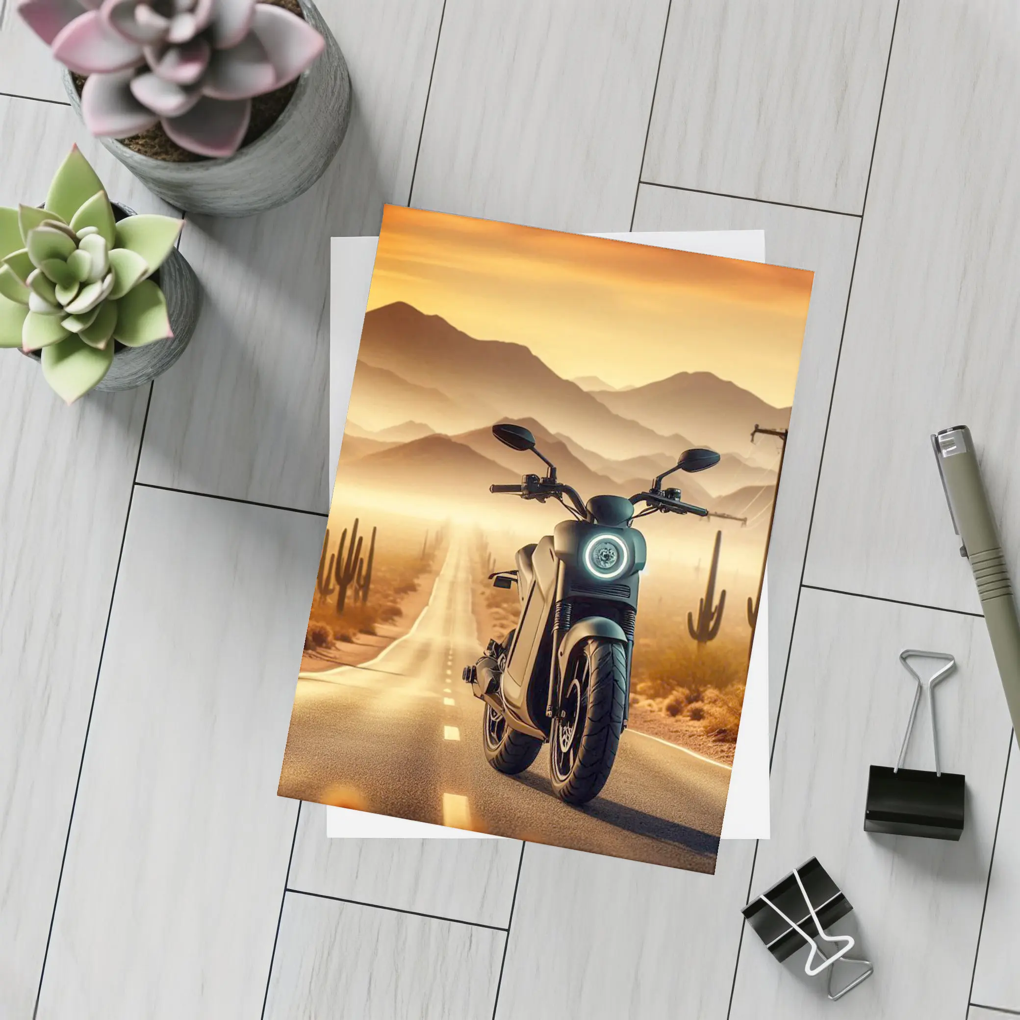 Electric Scooter Desert Road Golden Sunset – Postcards