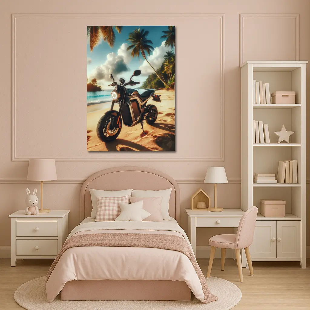 Electric Motorcycle Parked On Tropical Beach – Wall Art
