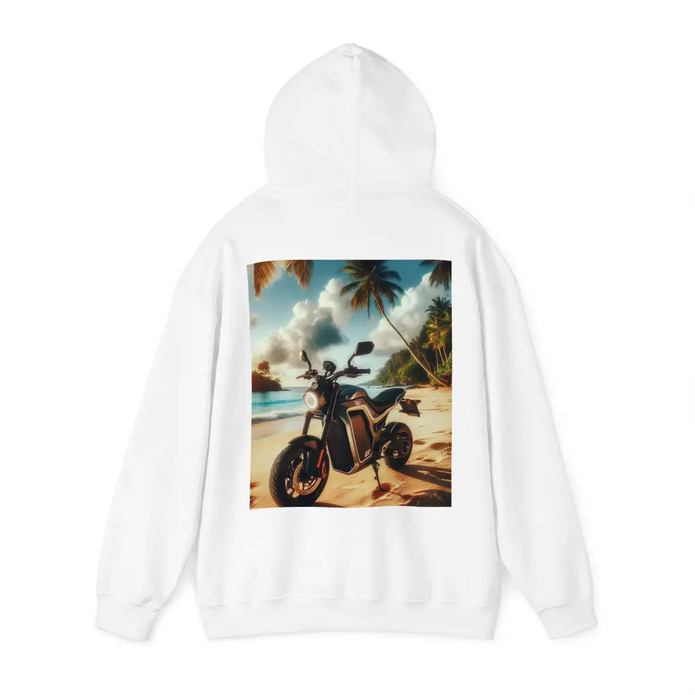Electric Motorcycle Parked On Tropical Beach – Hoodies