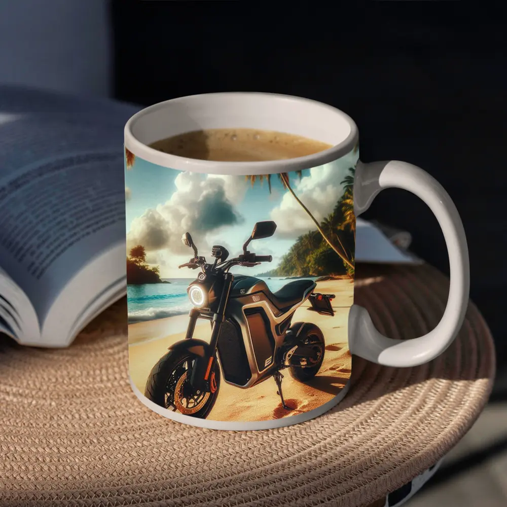 Electric Motorcycle Parked On Tropical Beach – Mugs
