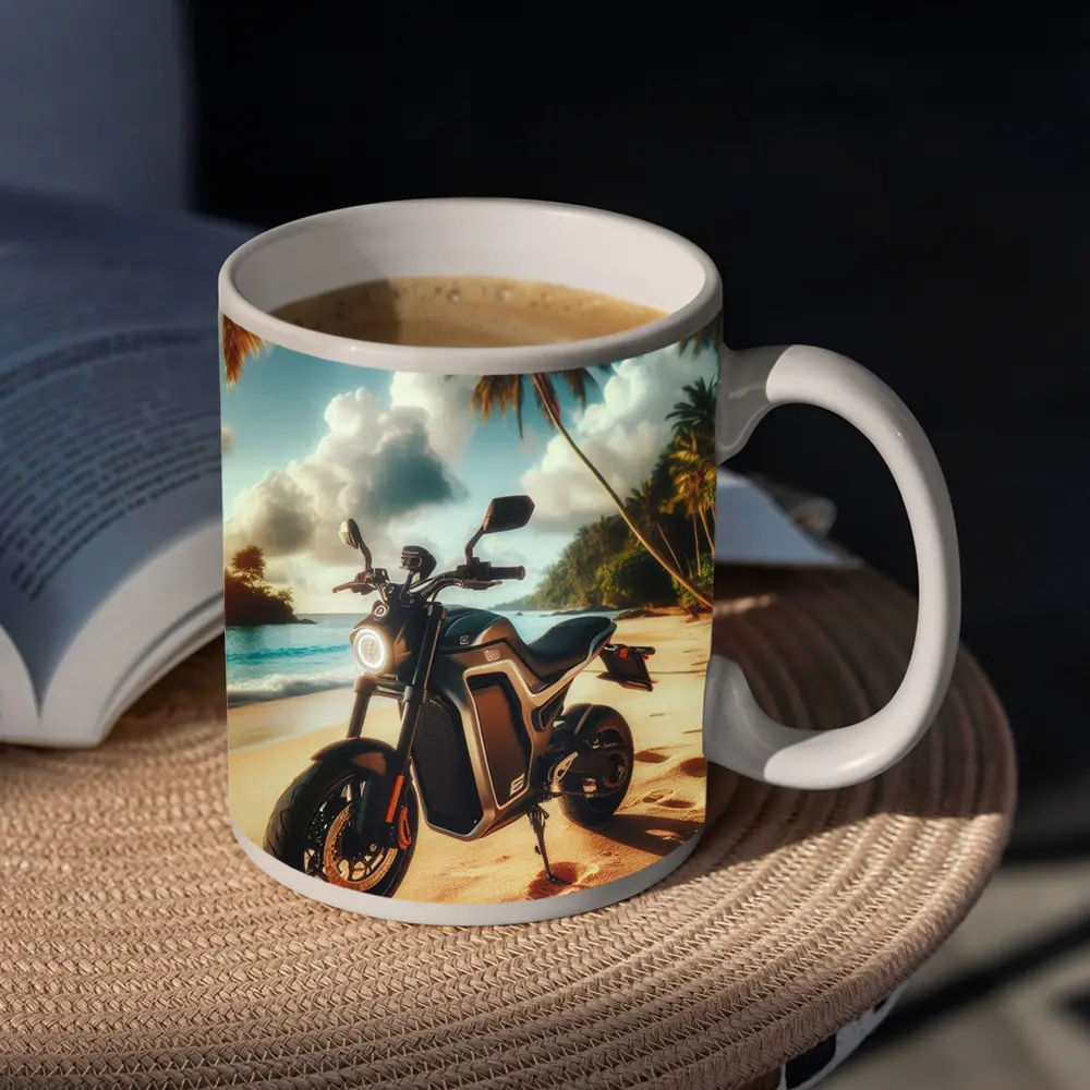 Electric Motorcycle Parked On Tropical Beach – Mugs