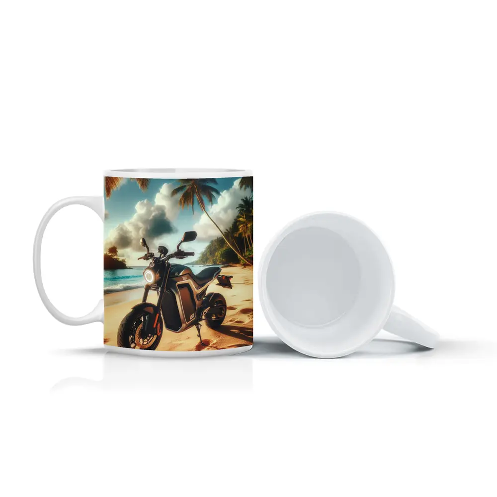 Electric Motorcycle Parked On Tropical Beach – Mugs