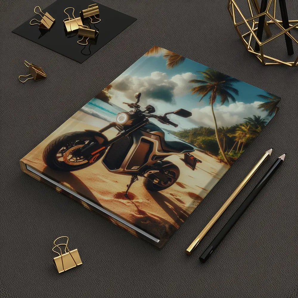 Electric Motorcycle Parked On Tropical Beach – Notebooks