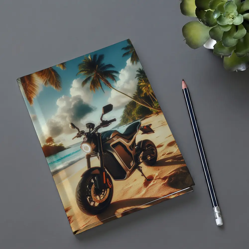 Electric Motorcycle Parked On Tropical Beach – Notebooks