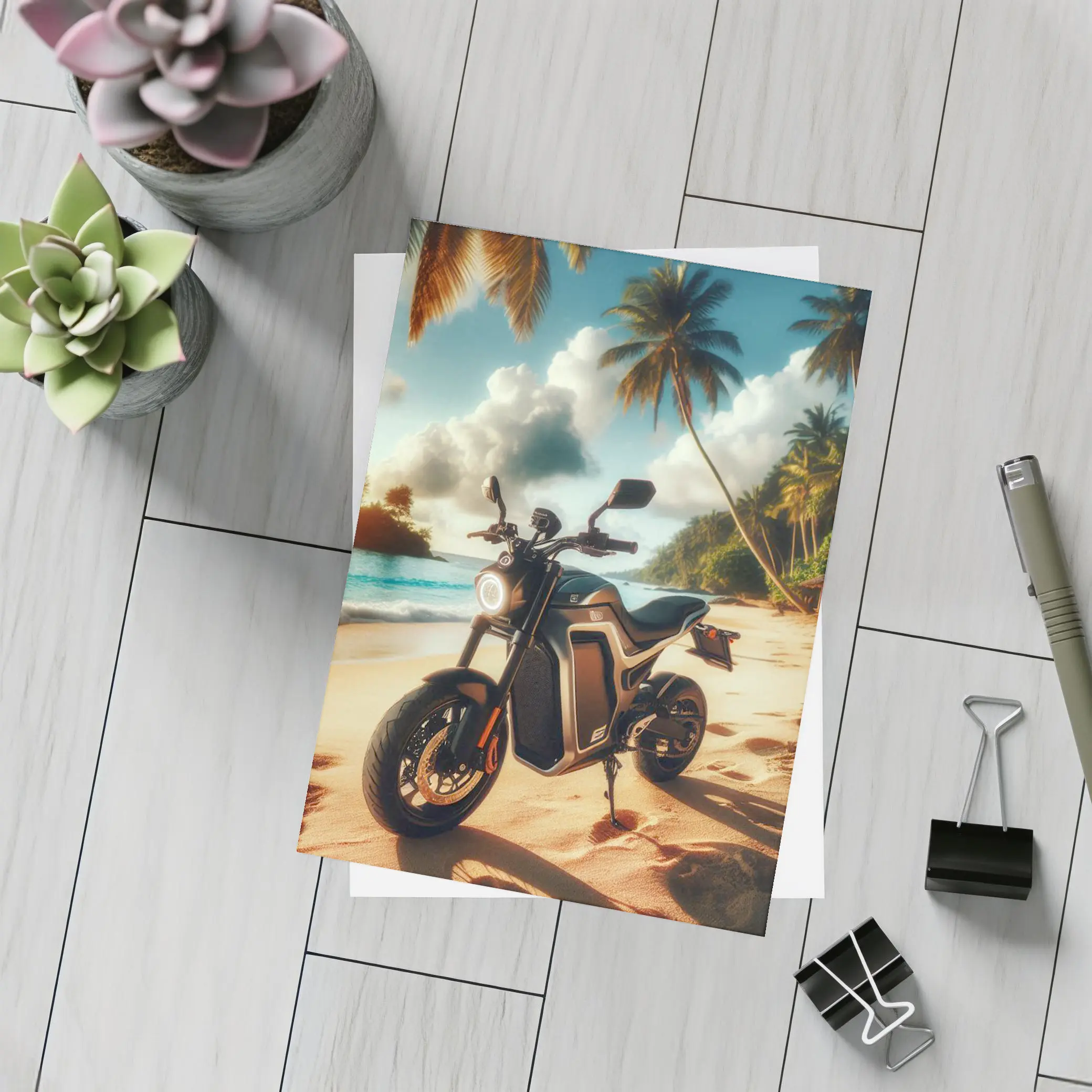 Electric Motorcycle Parked On Tropical Beach – Postcards