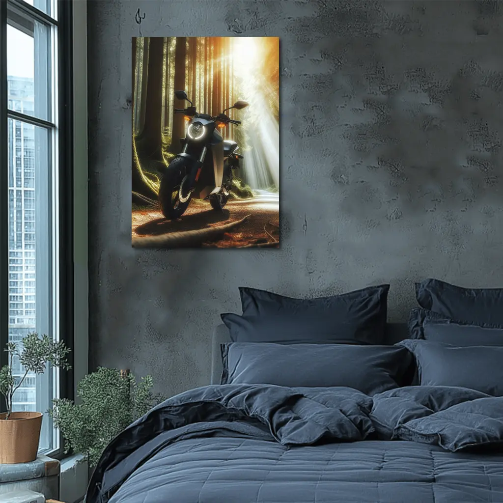 Electric Motorcycle Parked In Sunlit Forest – Wall Art