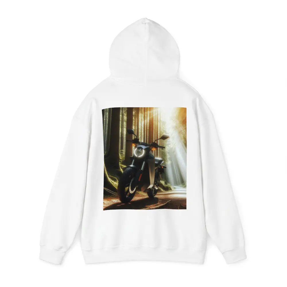 Electric Motorcycle Parked In Sunlit Forest – Hoodies