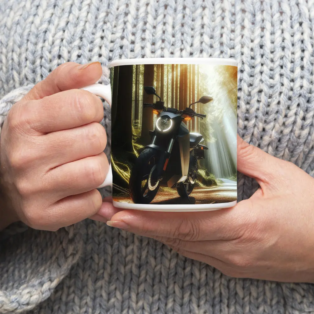 Electric Motorcycle Parked In Sunlit Forest – Mugs