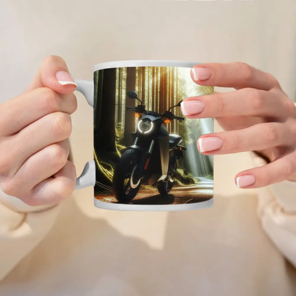 Electric Motorcycle Parked In Sunlit Forest – Mugs