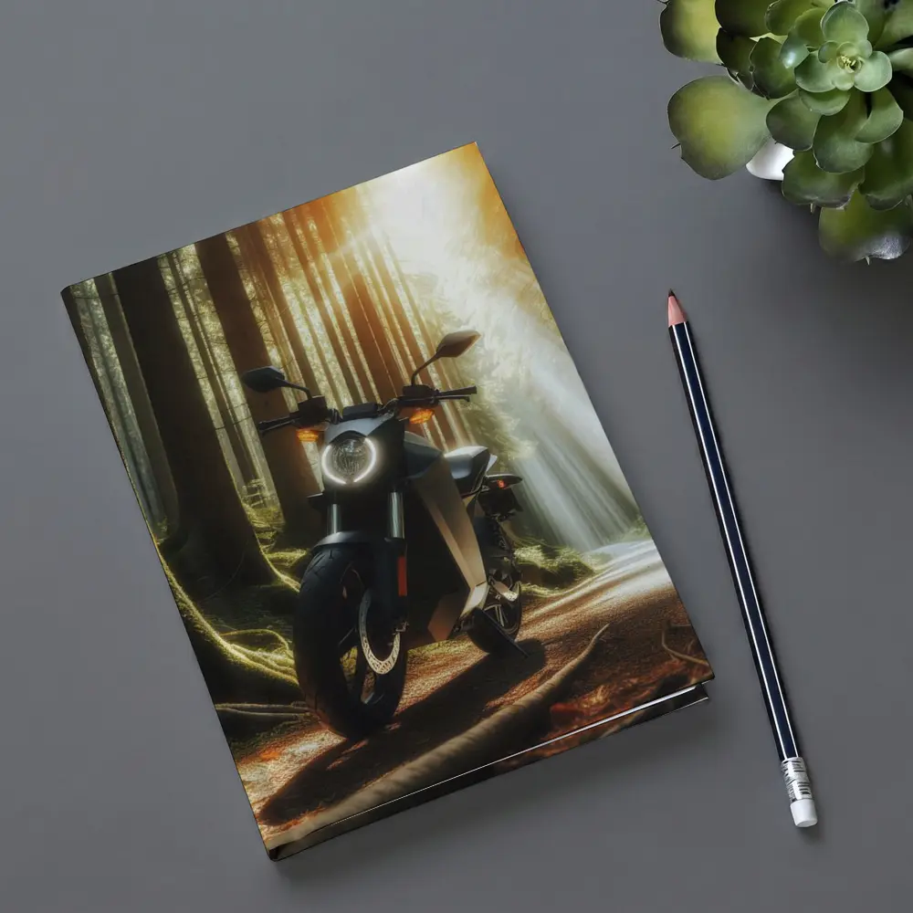 Electric Motorcycle Parked In Sunlit Forest – Notebooks