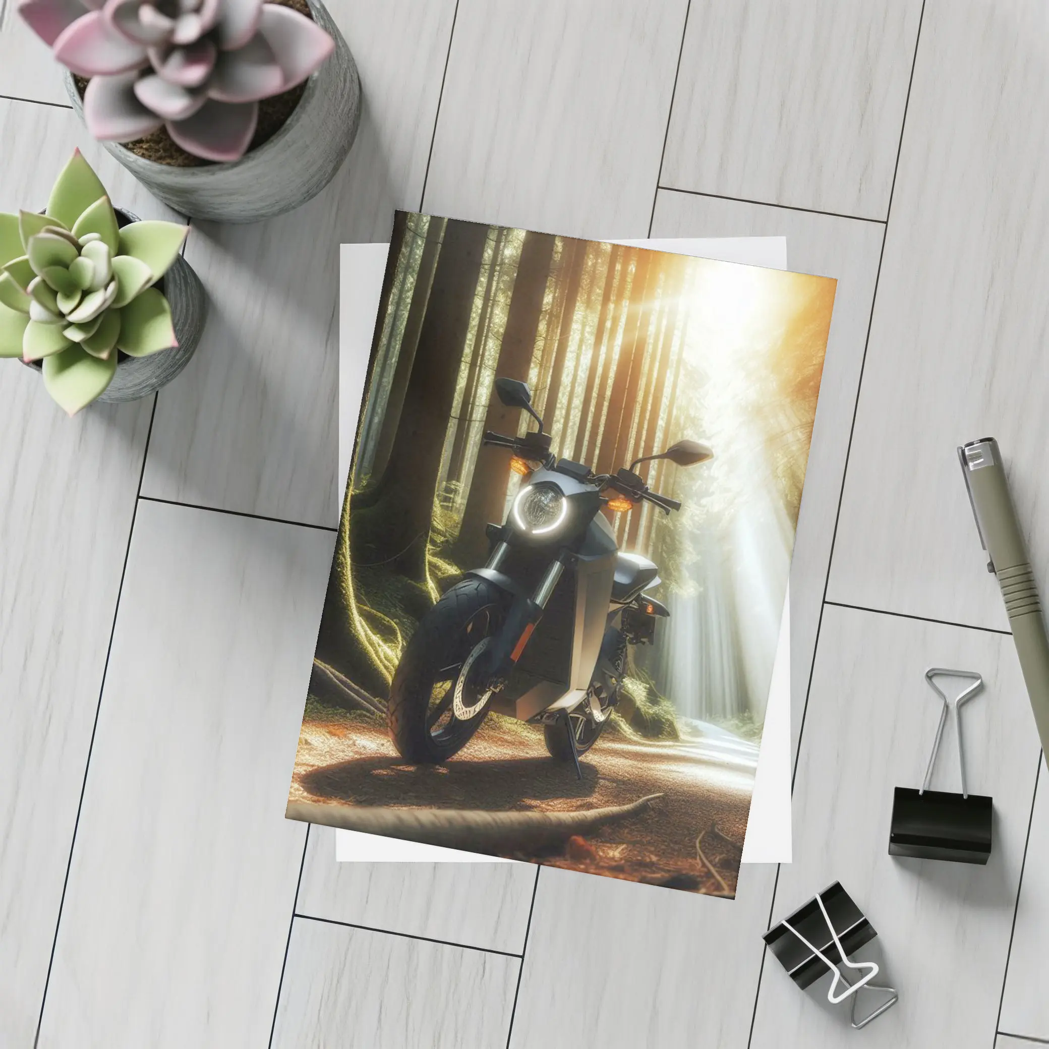 Electric Motorcycle Parked In Sunlit Forest – Postcards