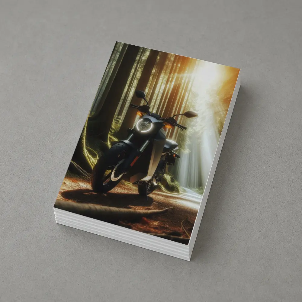 Electric Motorcycle Parked In Sunlit Forest – Postcards