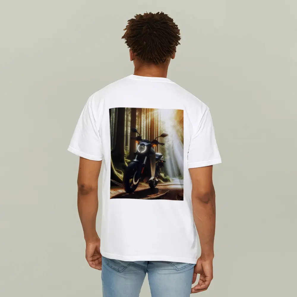 Electric Motorcycle Parked In Sunlit Forest – T-Shirts