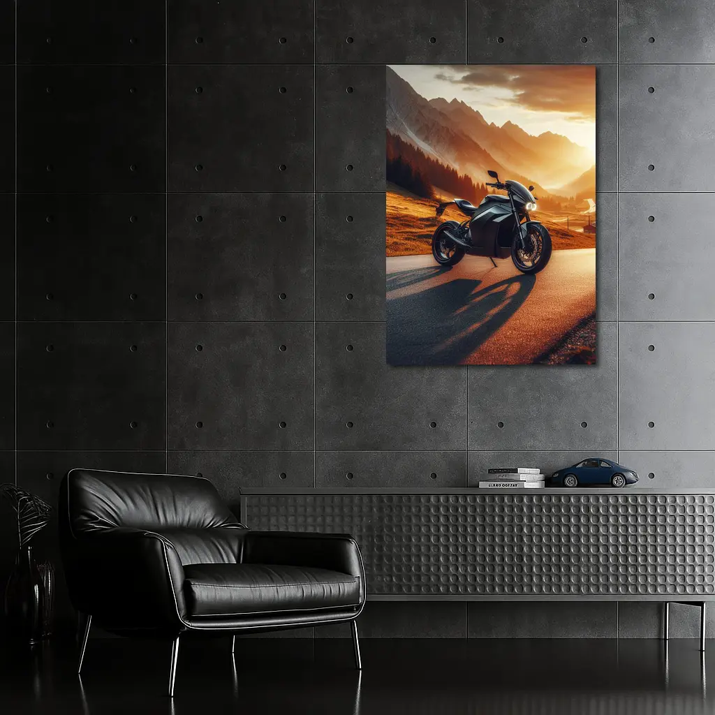Black Electric Motorcycle Mountain Sunset Road – Wall Art