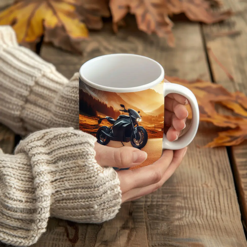 Black Electric Motorcycle Mountain Sunset Road – Mugs