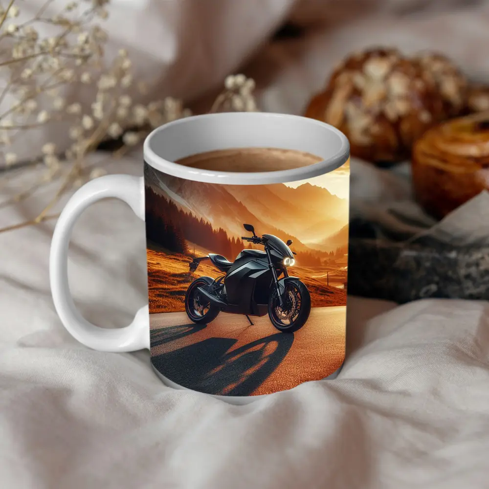 Black Electric Motorcycle Mountain Sunset Road – Mugs