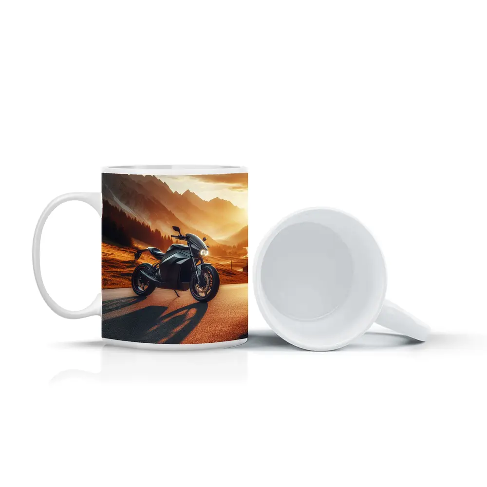 Black Electric Motorcycle Mountain Sunset Road – Mugs