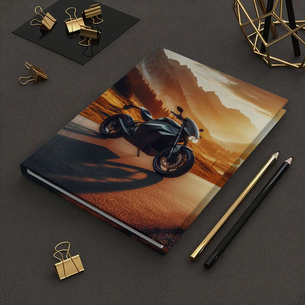 Black Electric Motorcycle Mountain Sunset Road – Notebooks