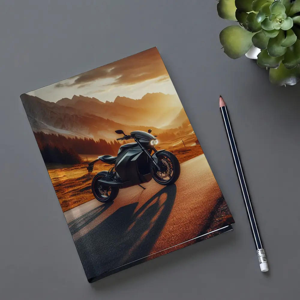 Black Electric Motorcycle Mountain Sunset Road – Notebooks