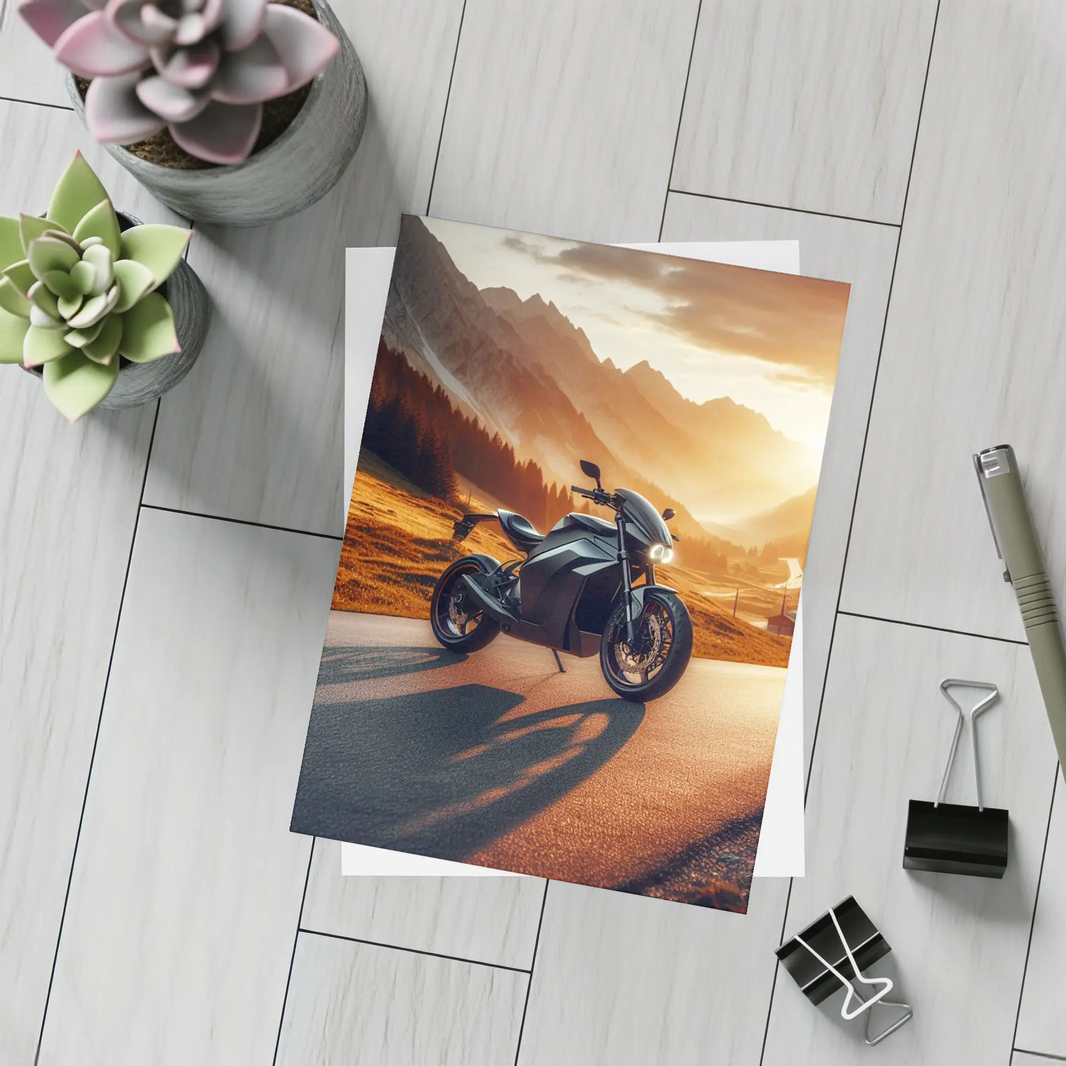 Black Electric Motorcycle Mountain Sunset Road – Postcards