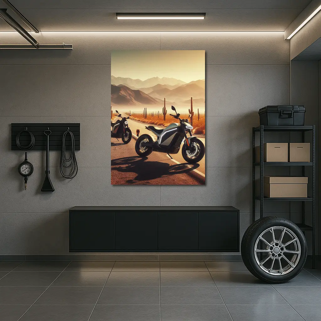 Electric Motorcycles Parked Desert Cactus Road – Wall Art