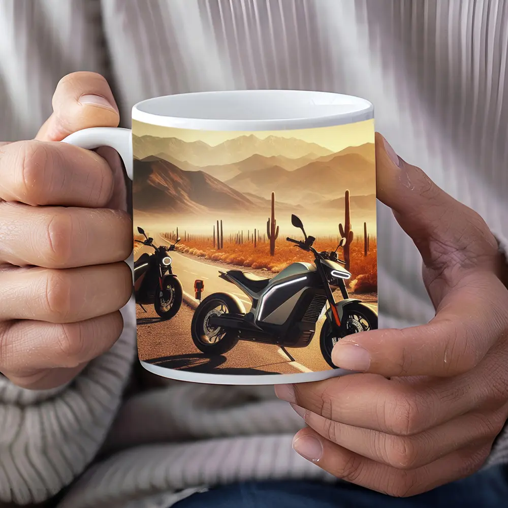 Electric Motorcycles Parked Desert Cactus Road – Mugs